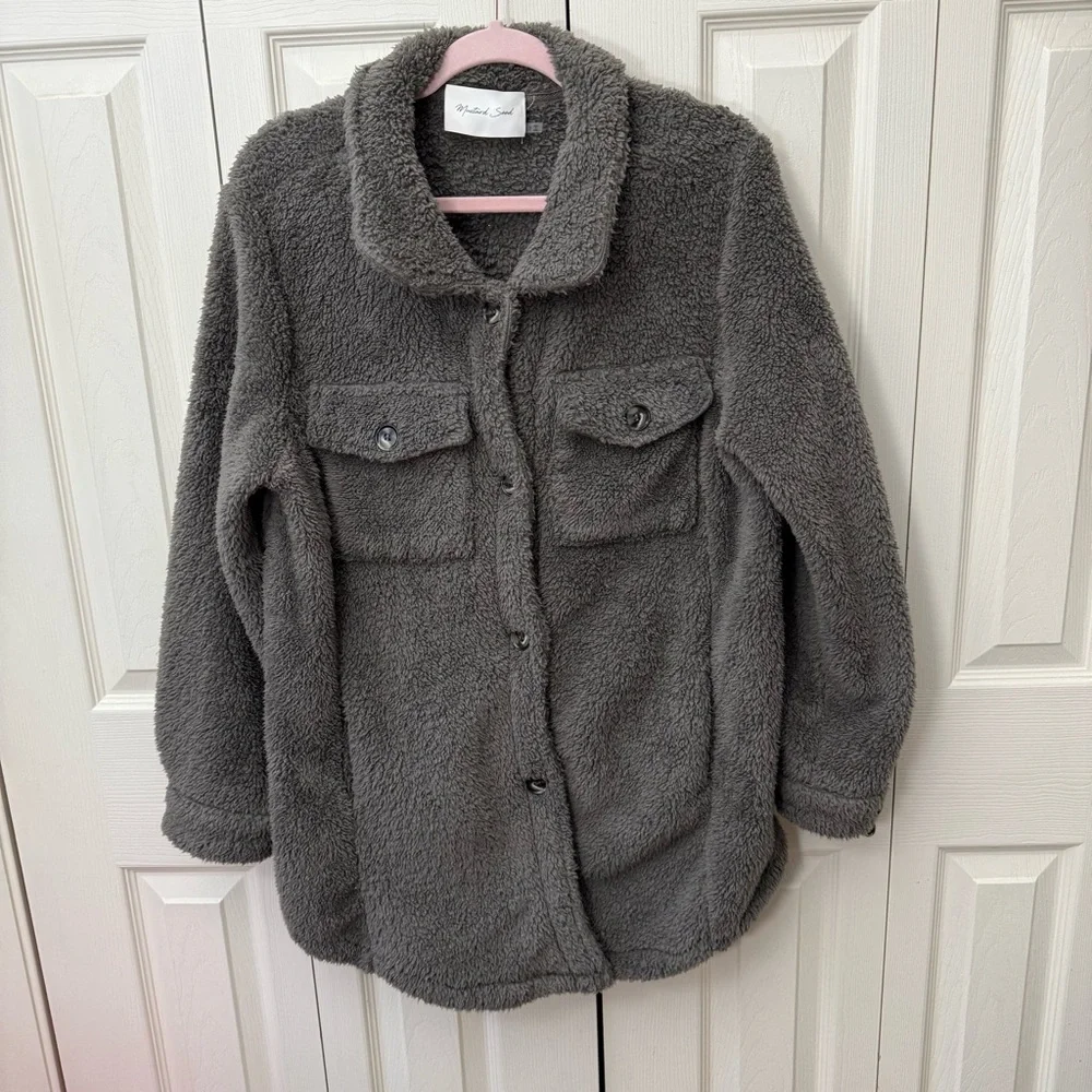 Mustard Seed Oversized Gray Fleece Teddy Shacket Cozy Jacket Womens Size Small